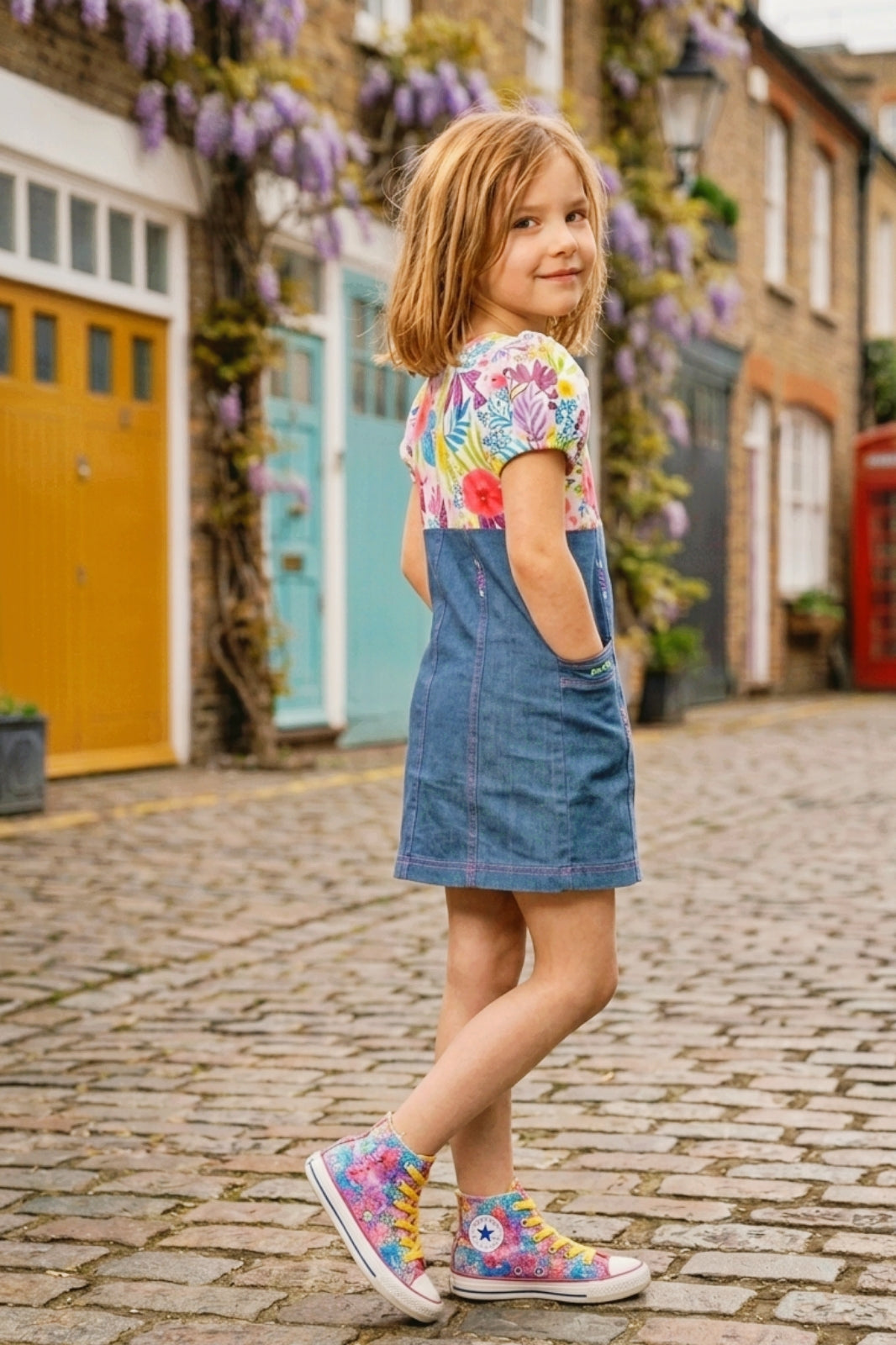 Girls Pink Floral Printed Denim Dress