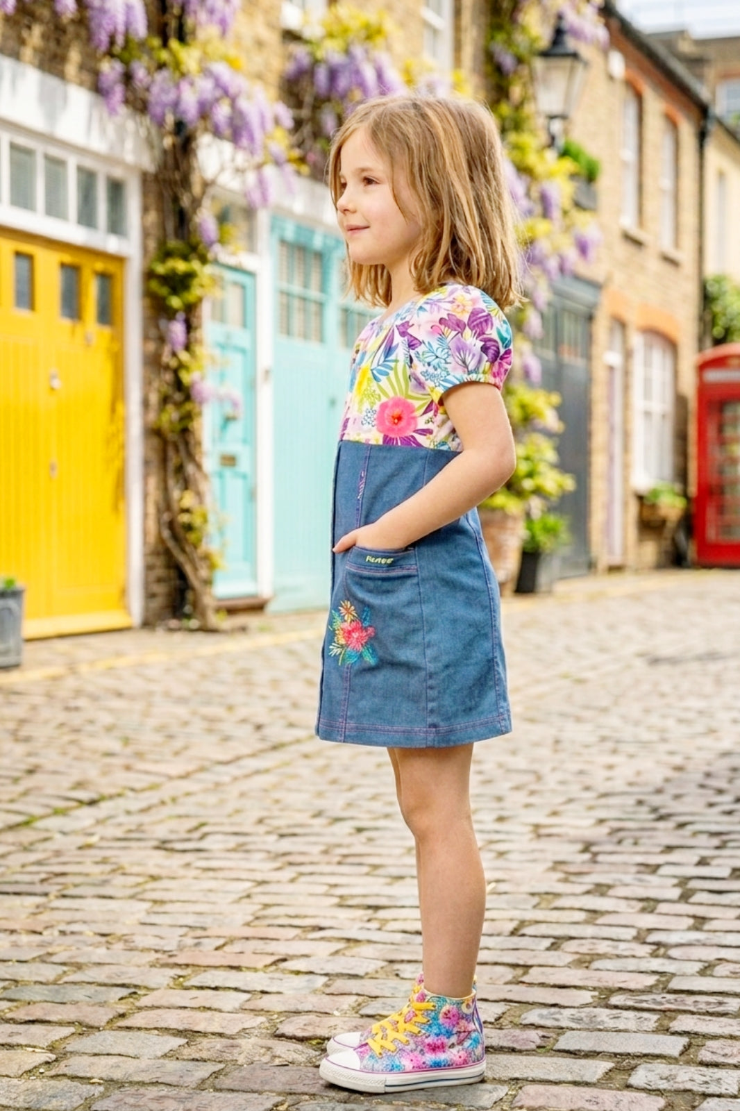 Girls Pink Floral Printed Denim Dress