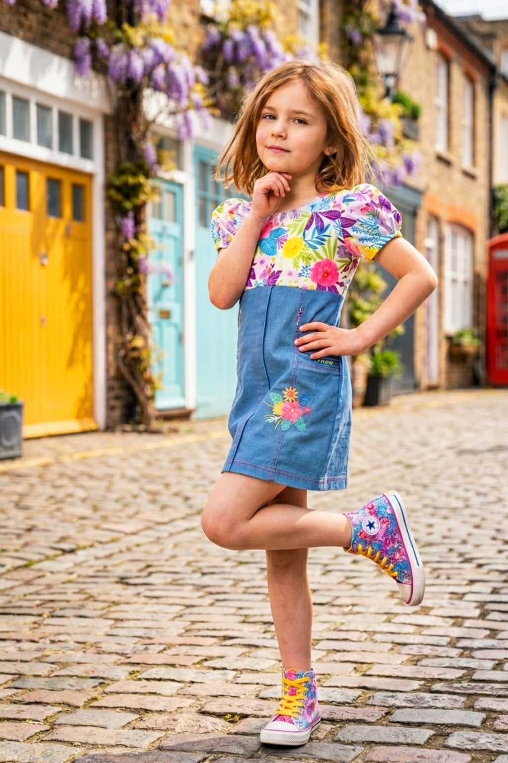 Girls Pink Floral Printed Denim Dress