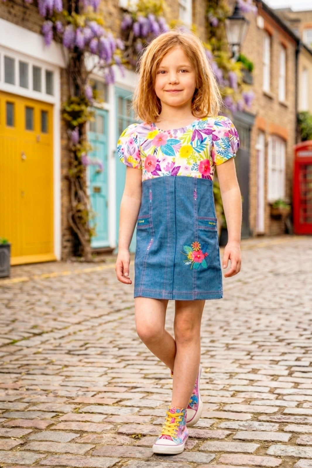 Girls Pink Floral Printed Denim Dress