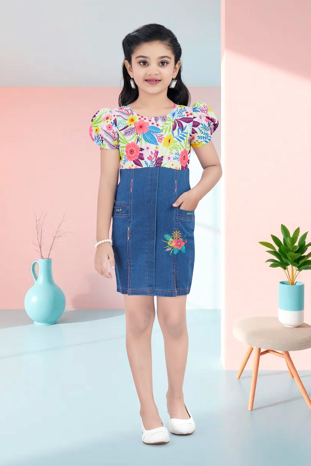 Girls Pink Floral Printed Denim Dress