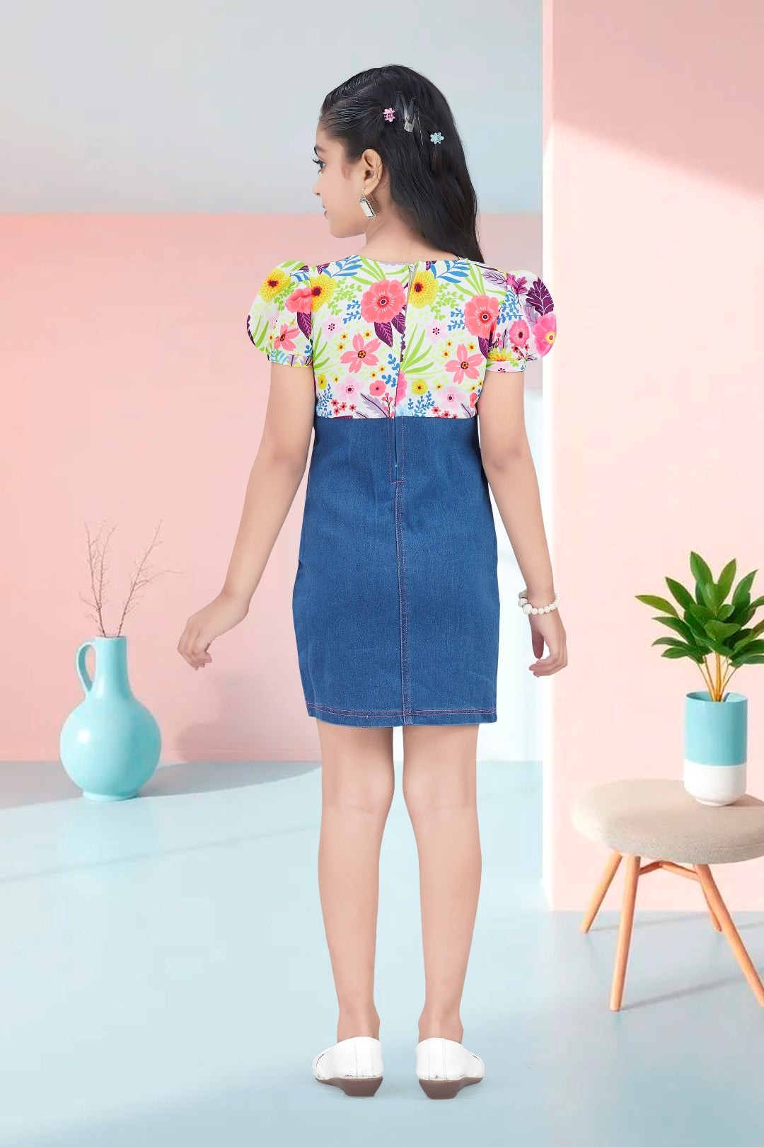 Girls Pink Floral Printed Denim Dress