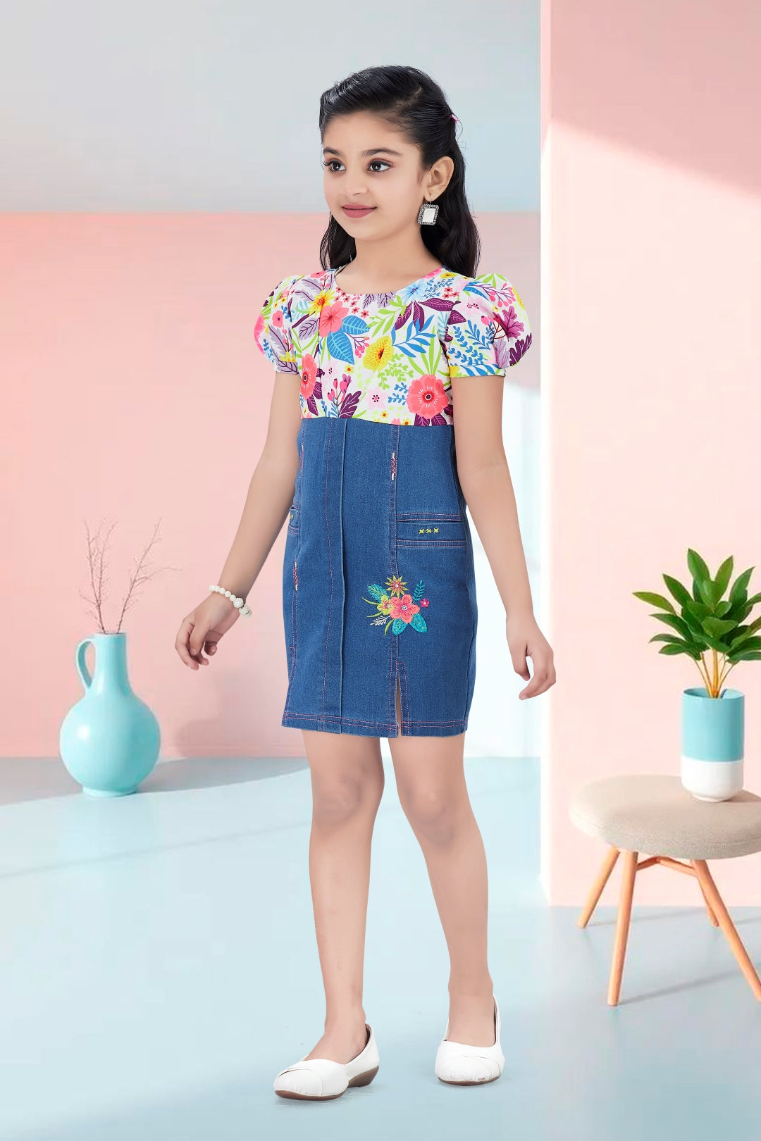 Girls Pink Floral Printed Denim Dress