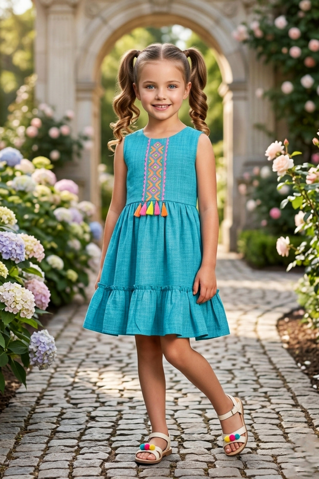 Girls Blue Sleeveless Embroidered Frock
