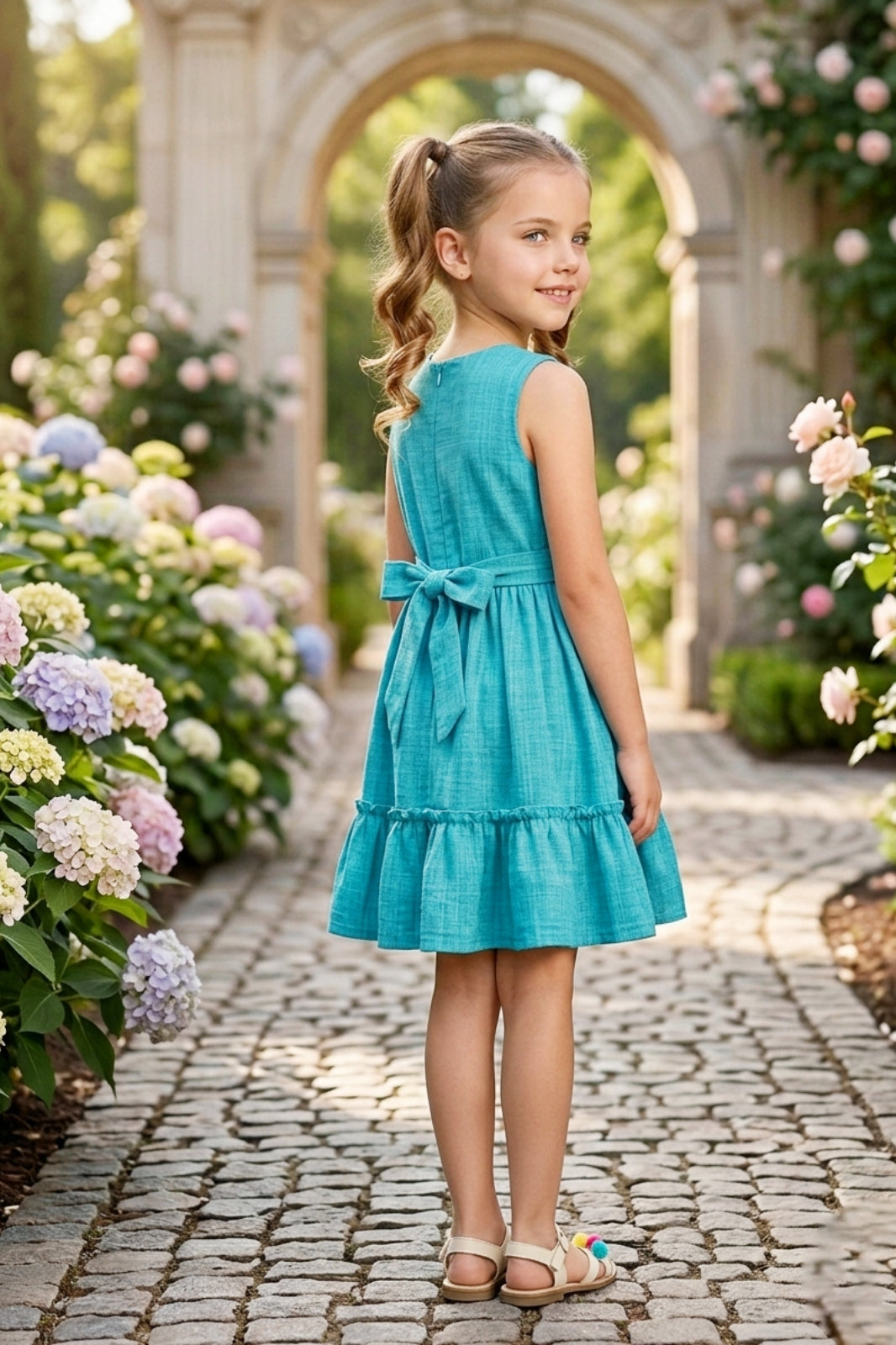 Girls Blue Sleeveless Embroidered Frock