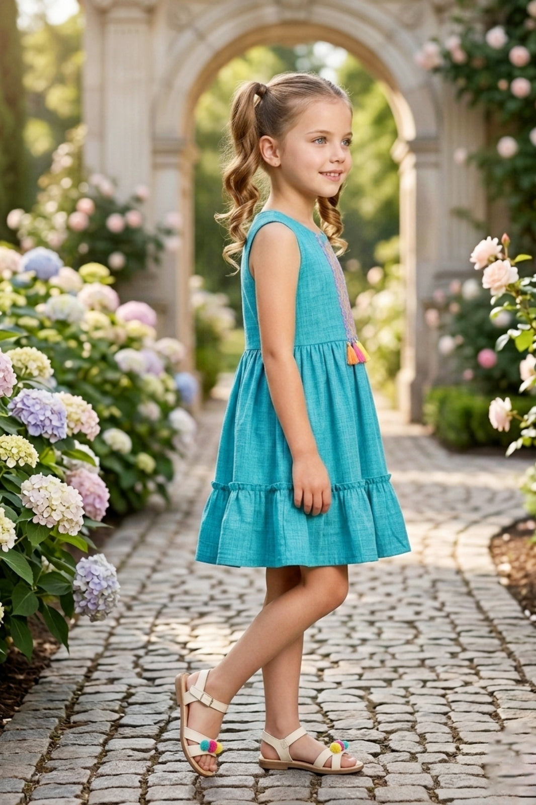 Girls Blue Sleeveless Embroidered Frock