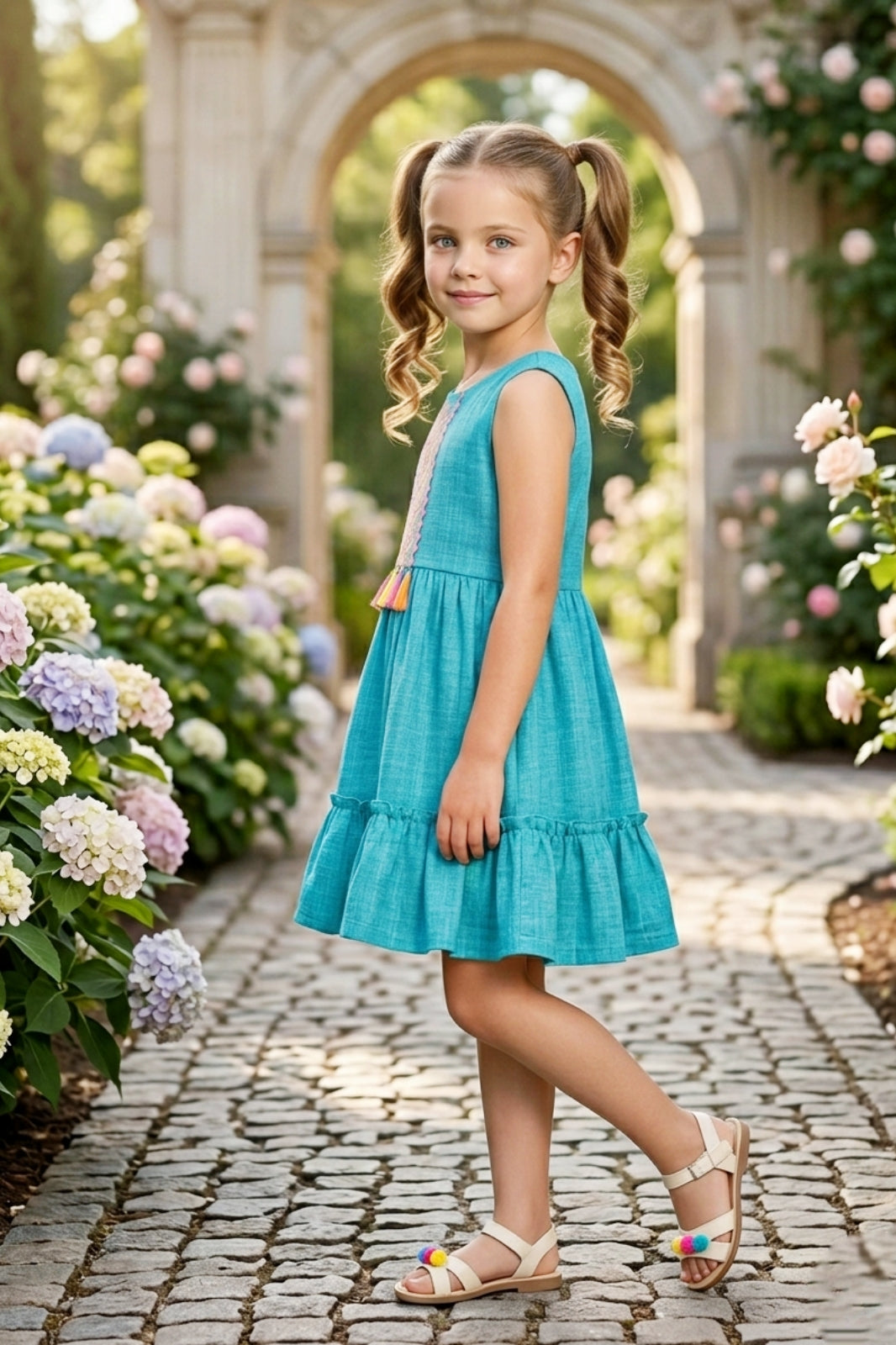 Girls Blue Sleeveless Embroidered Frock