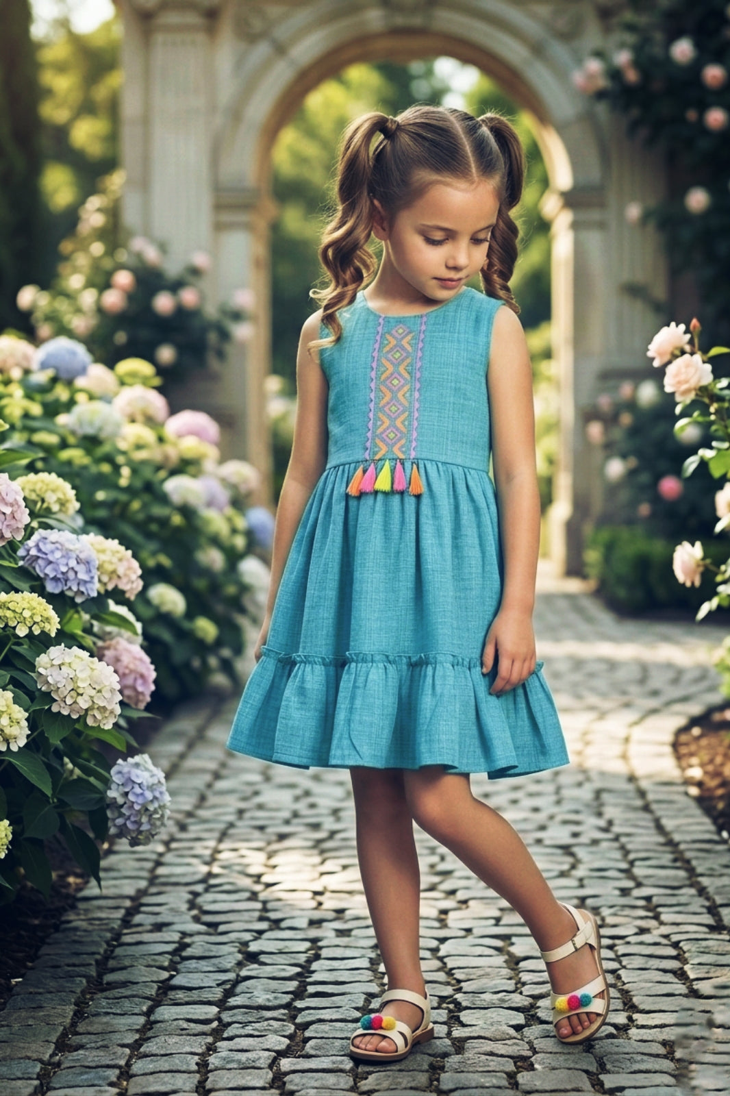 Girls Blue Sleeveless Embroidered Frock