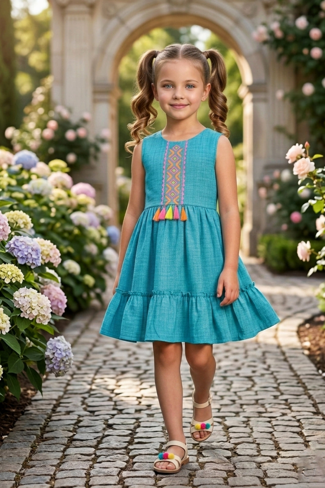 Girls Blue Sleeveless Embroidered Frock
