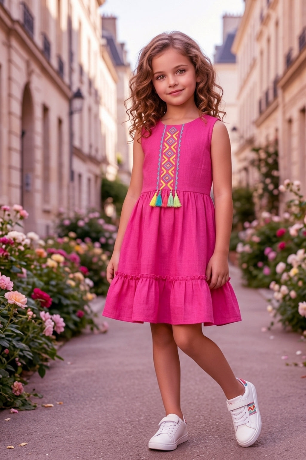 Girls Pink Sleeveless Embroidered Frock