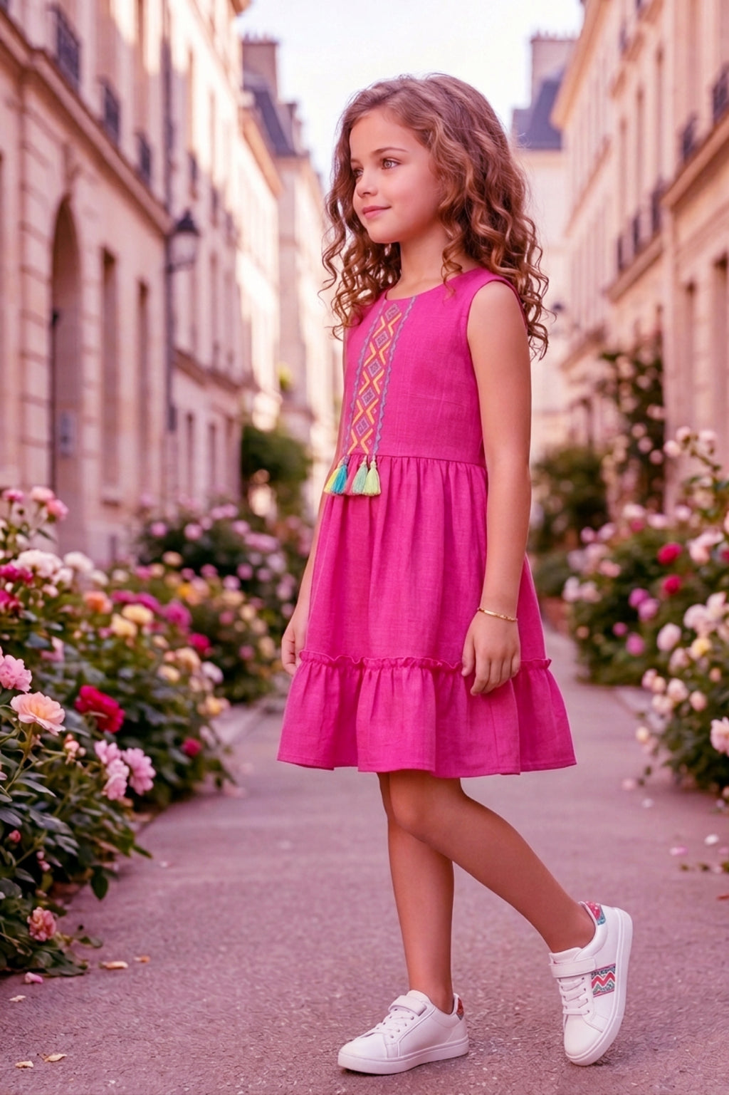 Girls Pink Sleeveless Embroidered Frock