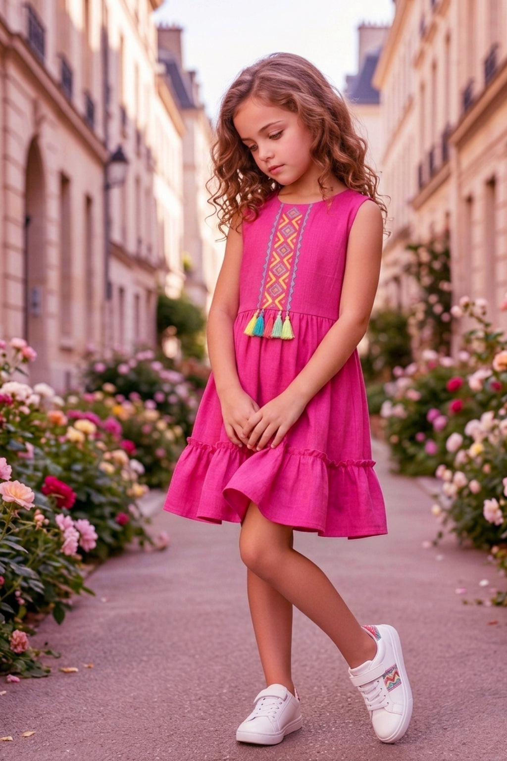 Girls Pink Sleeveless Embroidered Frock