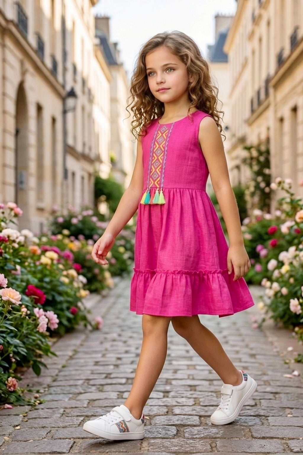 Girls Pink Sleeveless Embroidered Frock