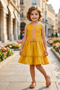 Girls Yellow Sleeveless Embroidered Frock