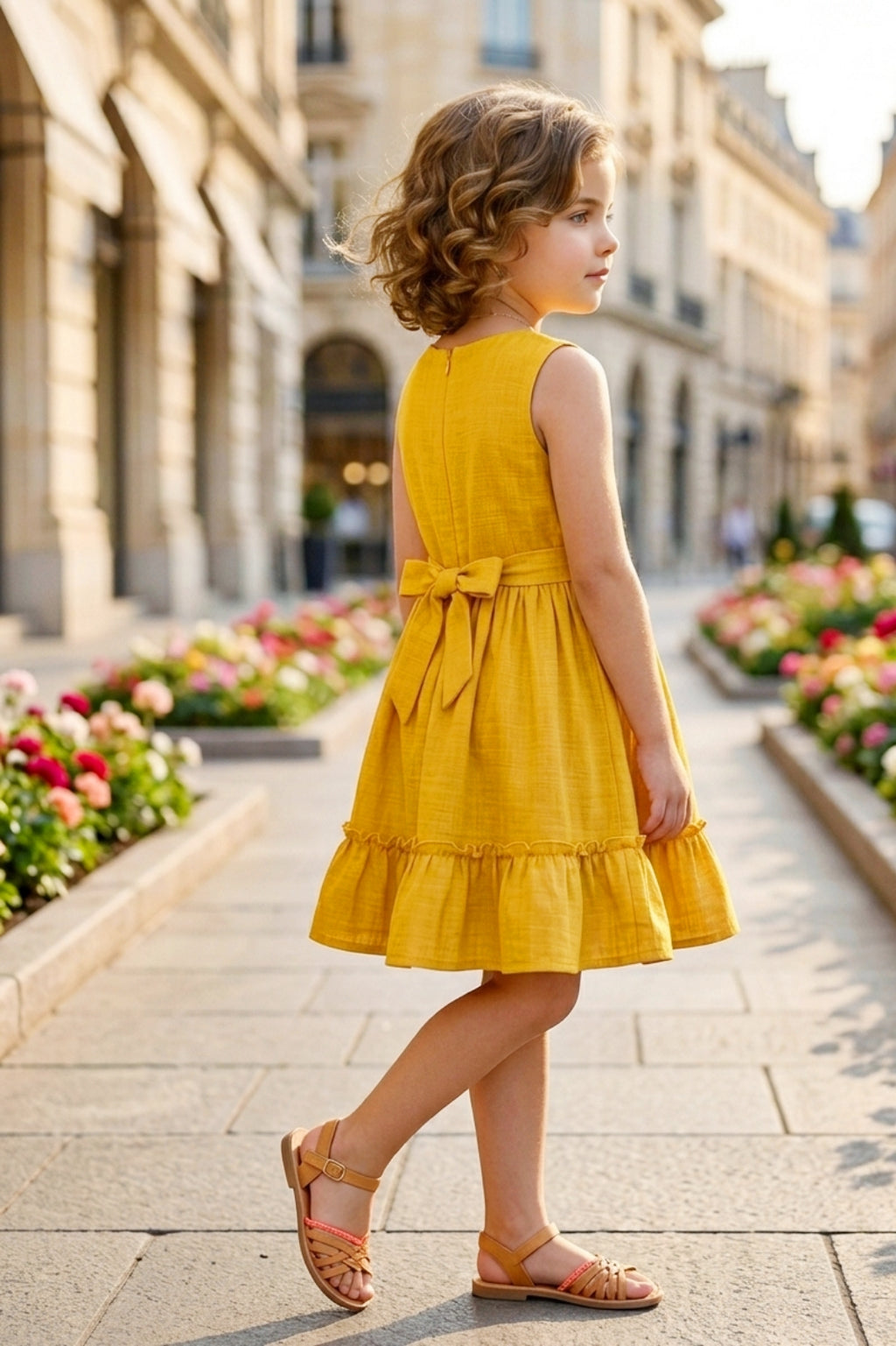 Girls Yellow Sleeveless Embroidered Frock