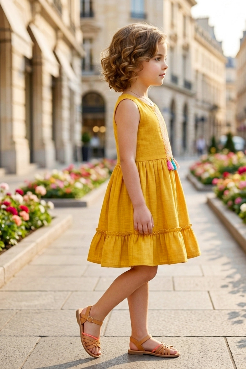 Girls Yellow Sleeveless Embroidered Frock