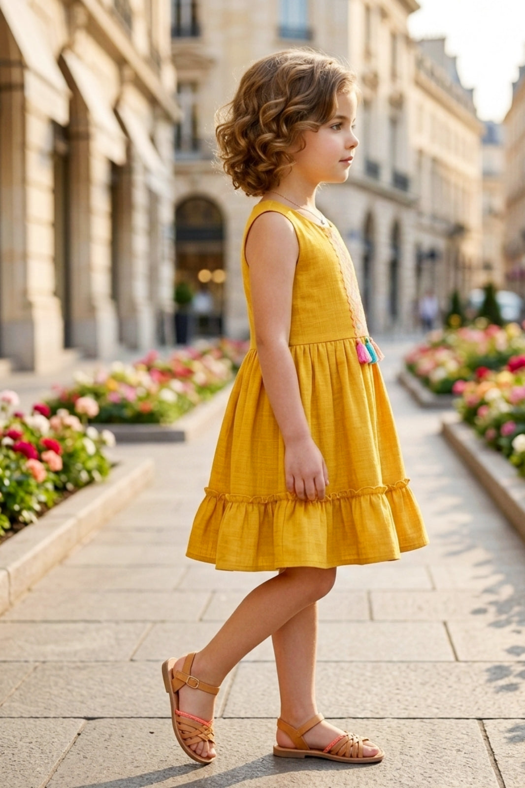 Girls Yellow Sleeveless Embroidered Frock