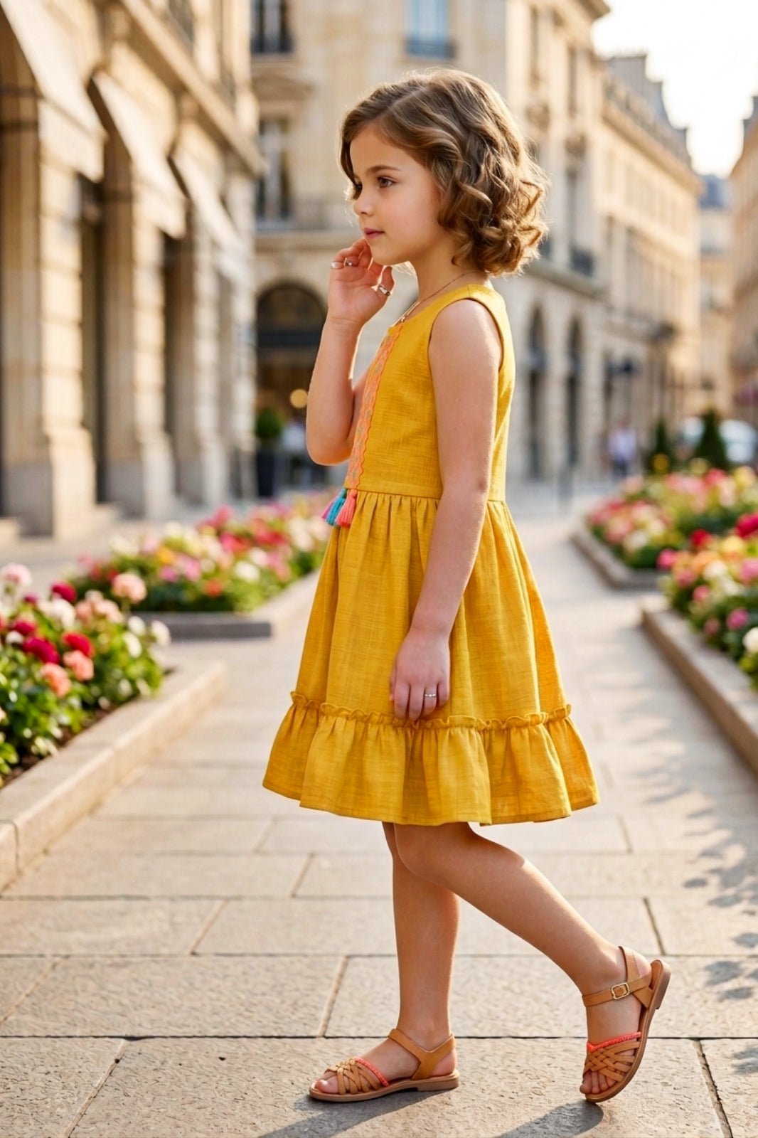 Girls Yellow Sleeveless Embroidered Frock
