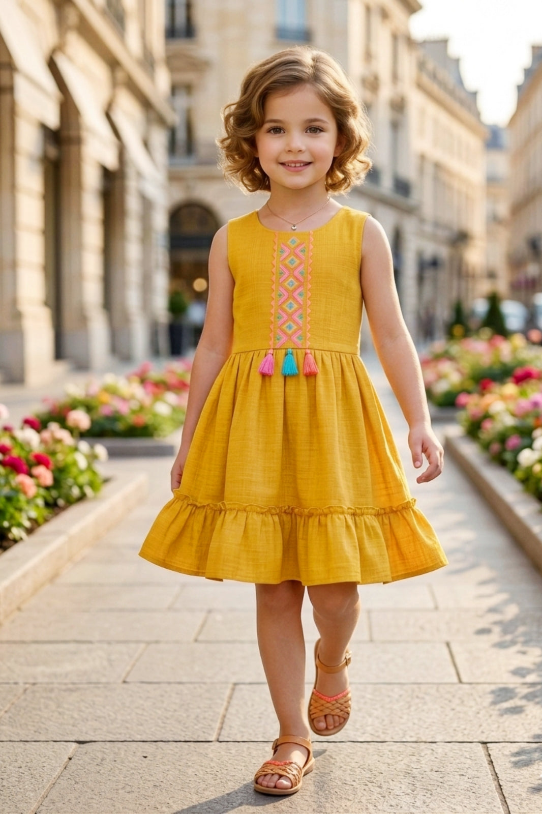 Girls Yellow Sleeveless Embroidered Frock