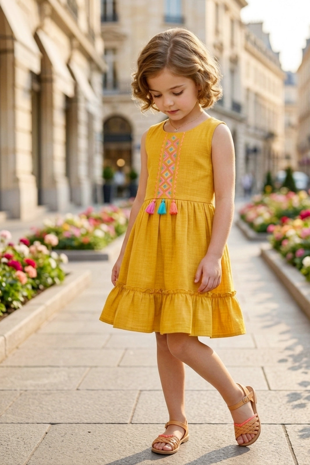 Girls Yellow Sleeveless Embroidered Frock