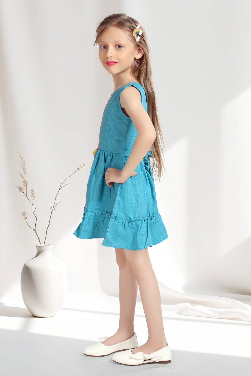 Girls Blue Sleeveless Embroidered Frock