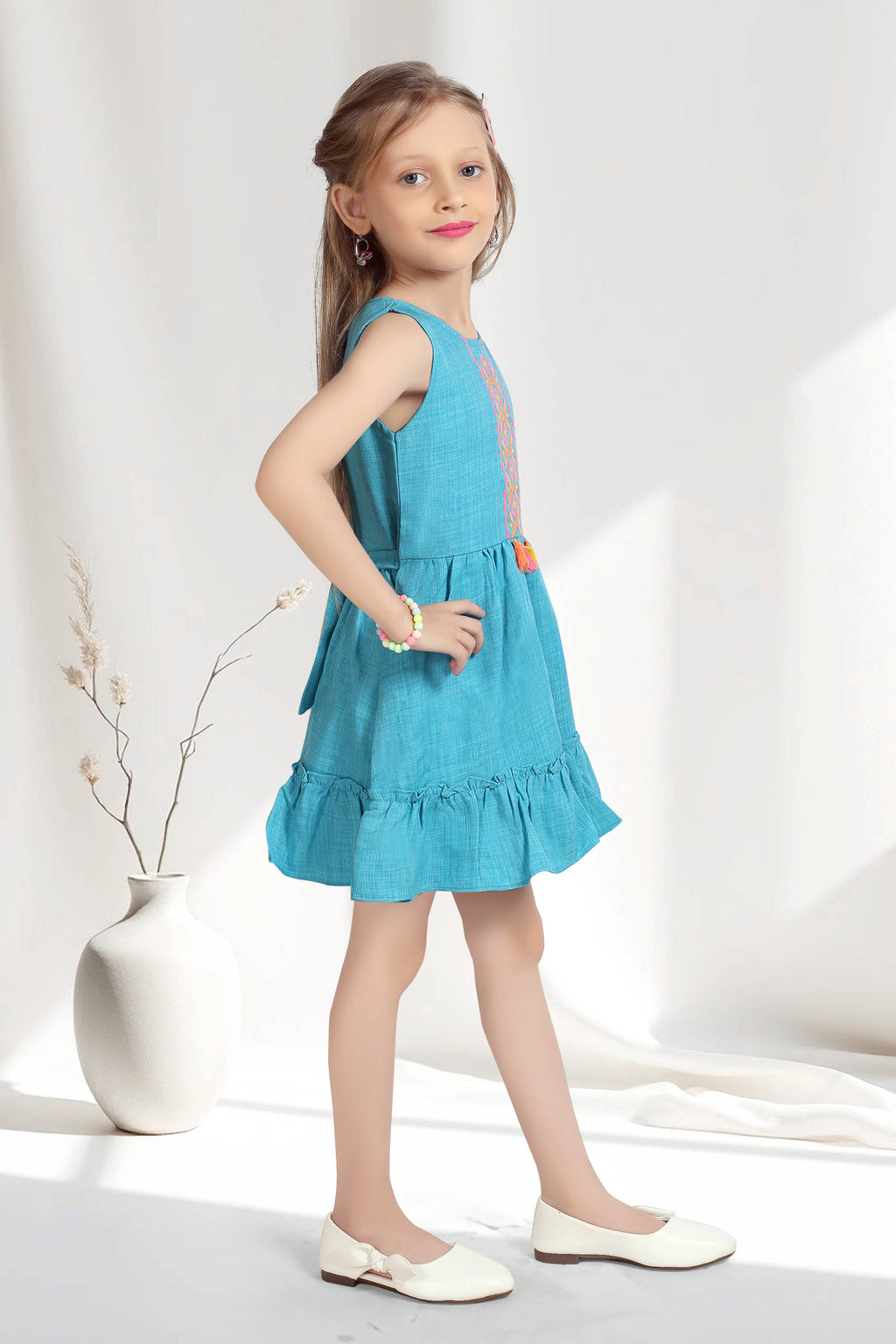 Girls Blue Sleeveless Embroidered Frock