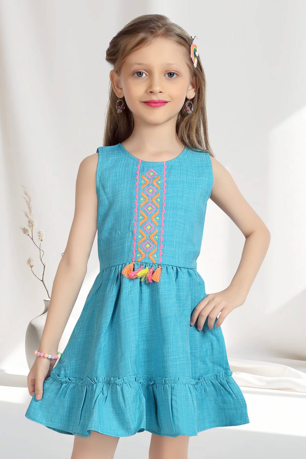 Girls Blue Sleeveless Embroidered Frock