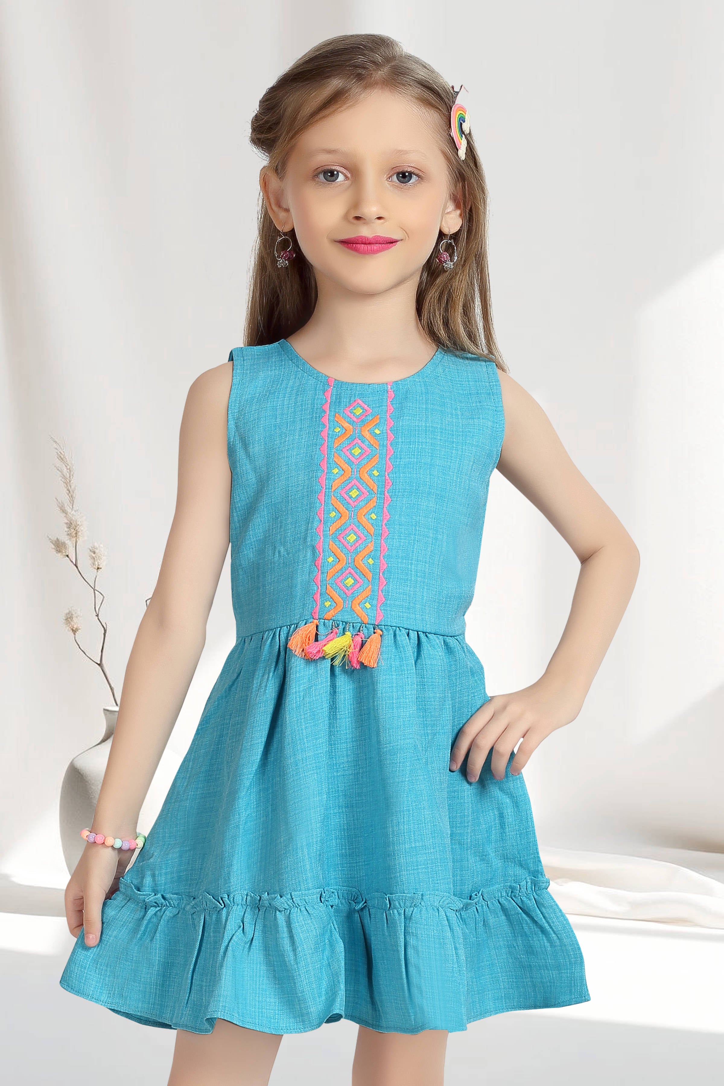 Girls Blue Sleeveless Embroidered Frock