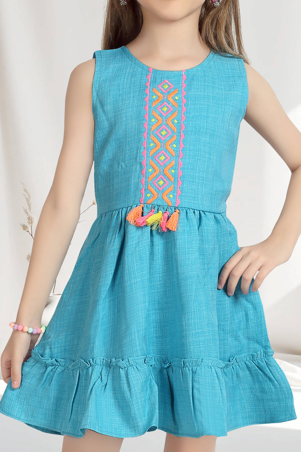 Girls Blue Sleeveless Embroidered Frock