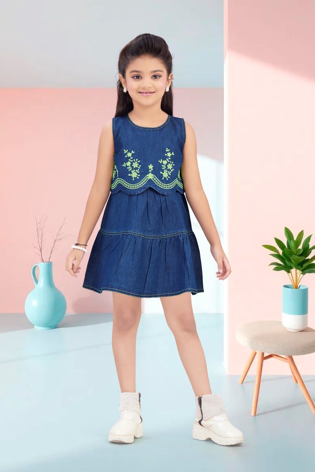 Blue Denim Frock with Green Embroidery Design