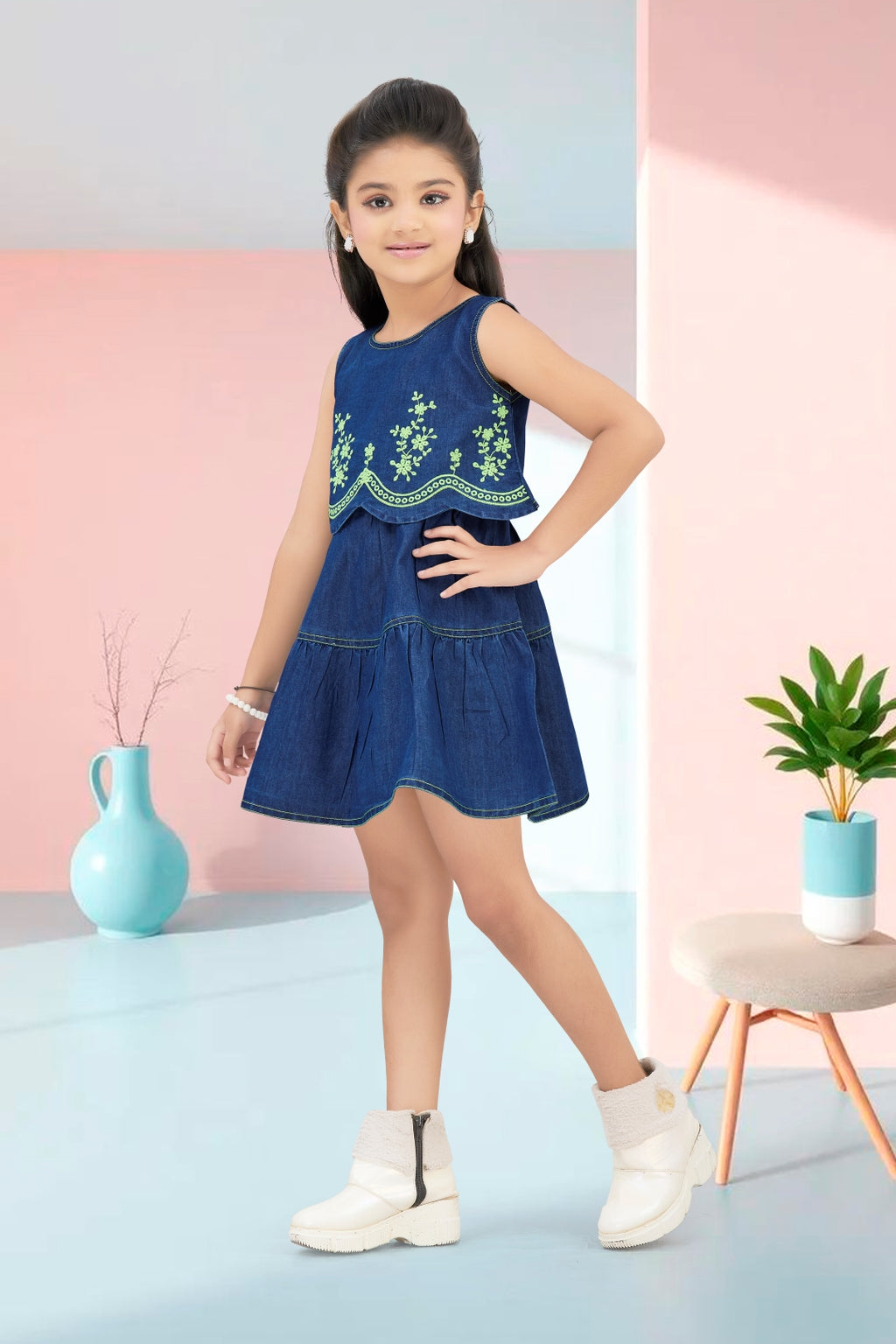 Blue Denim Frock with Green Embroidery Design