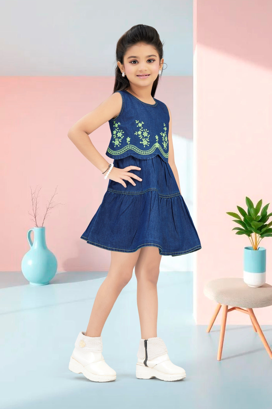 Blue Denim Frock with Green Embroidery Design