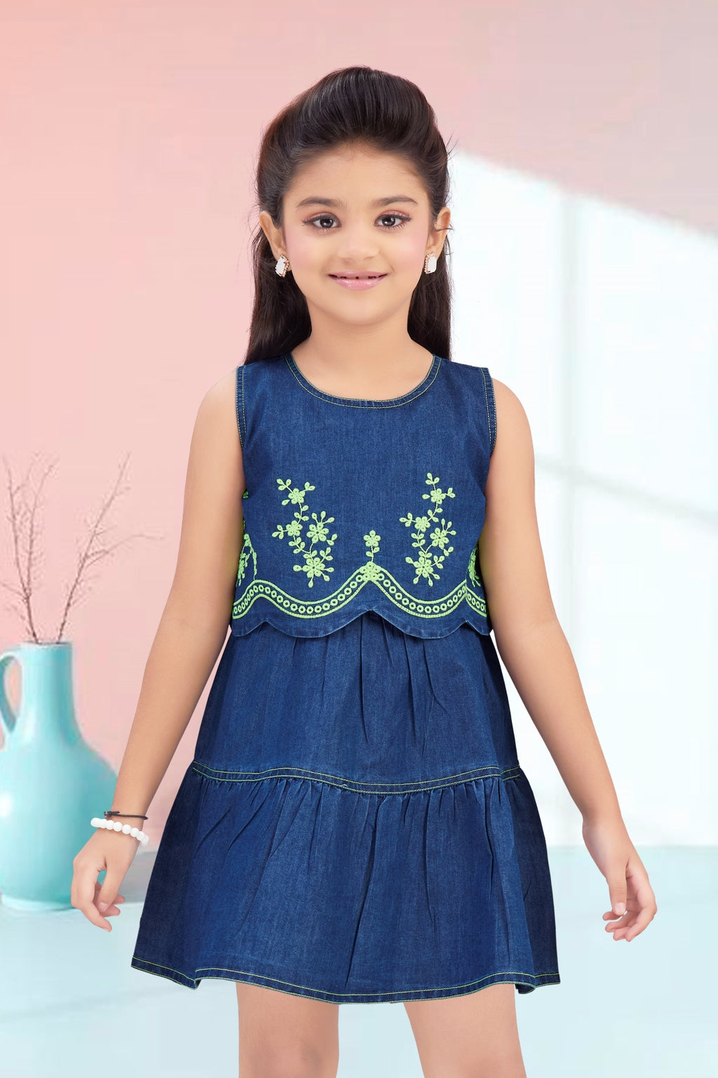 Blue Denim Frock with Green Embroidery Design