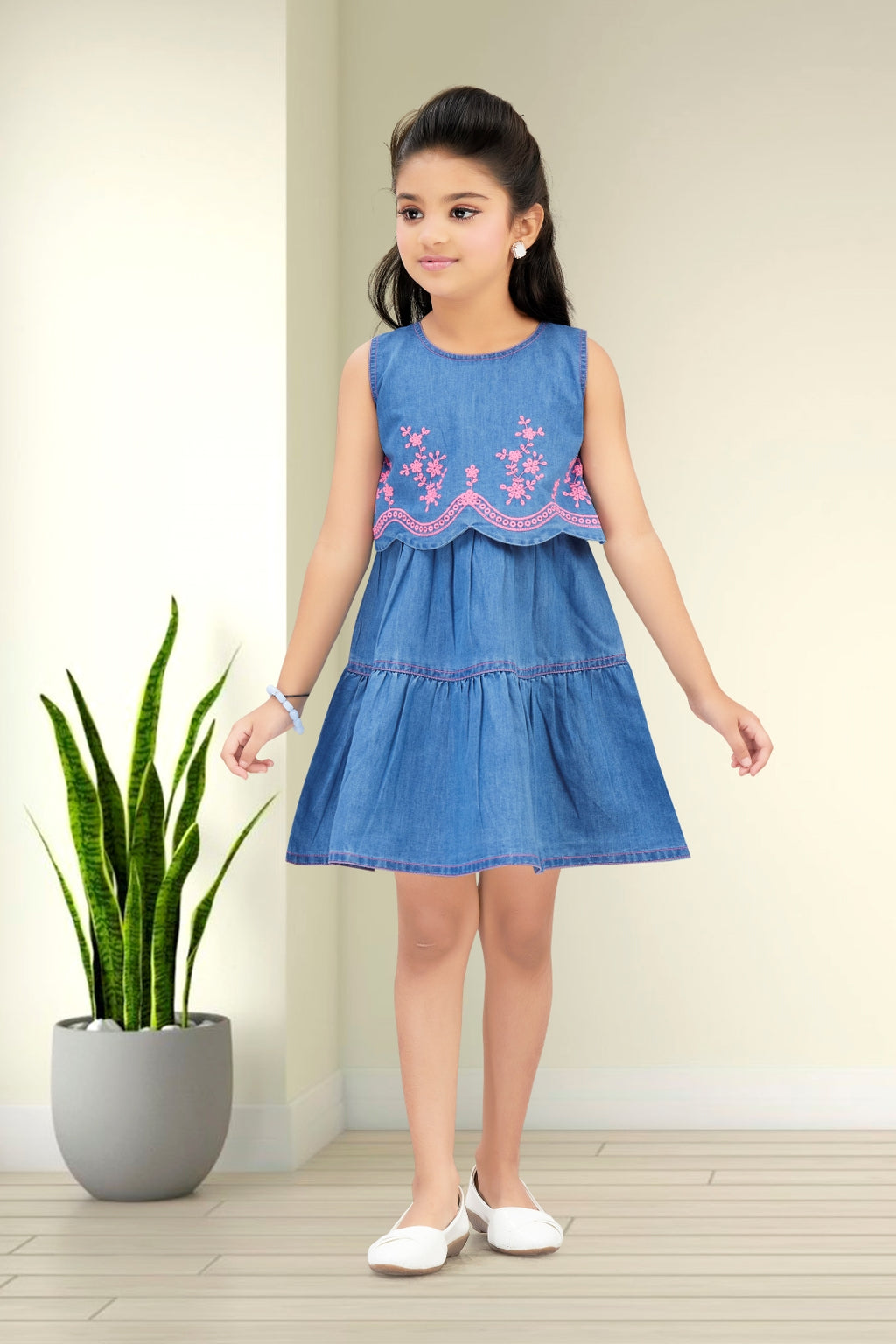 Blue Denim Frock with Pink Embroidery Design