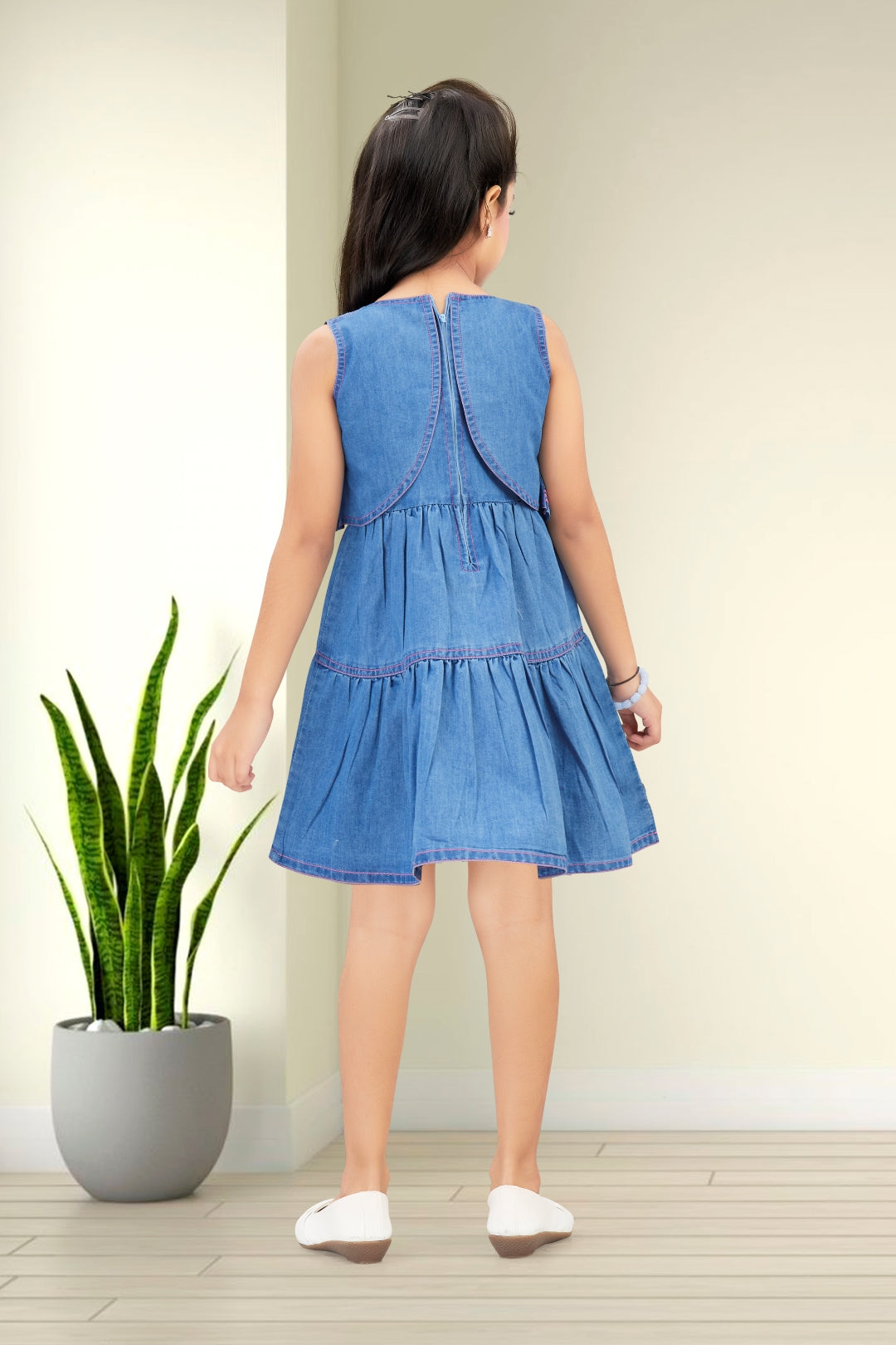 Blue Denim Frock with Pink Embroidery Design