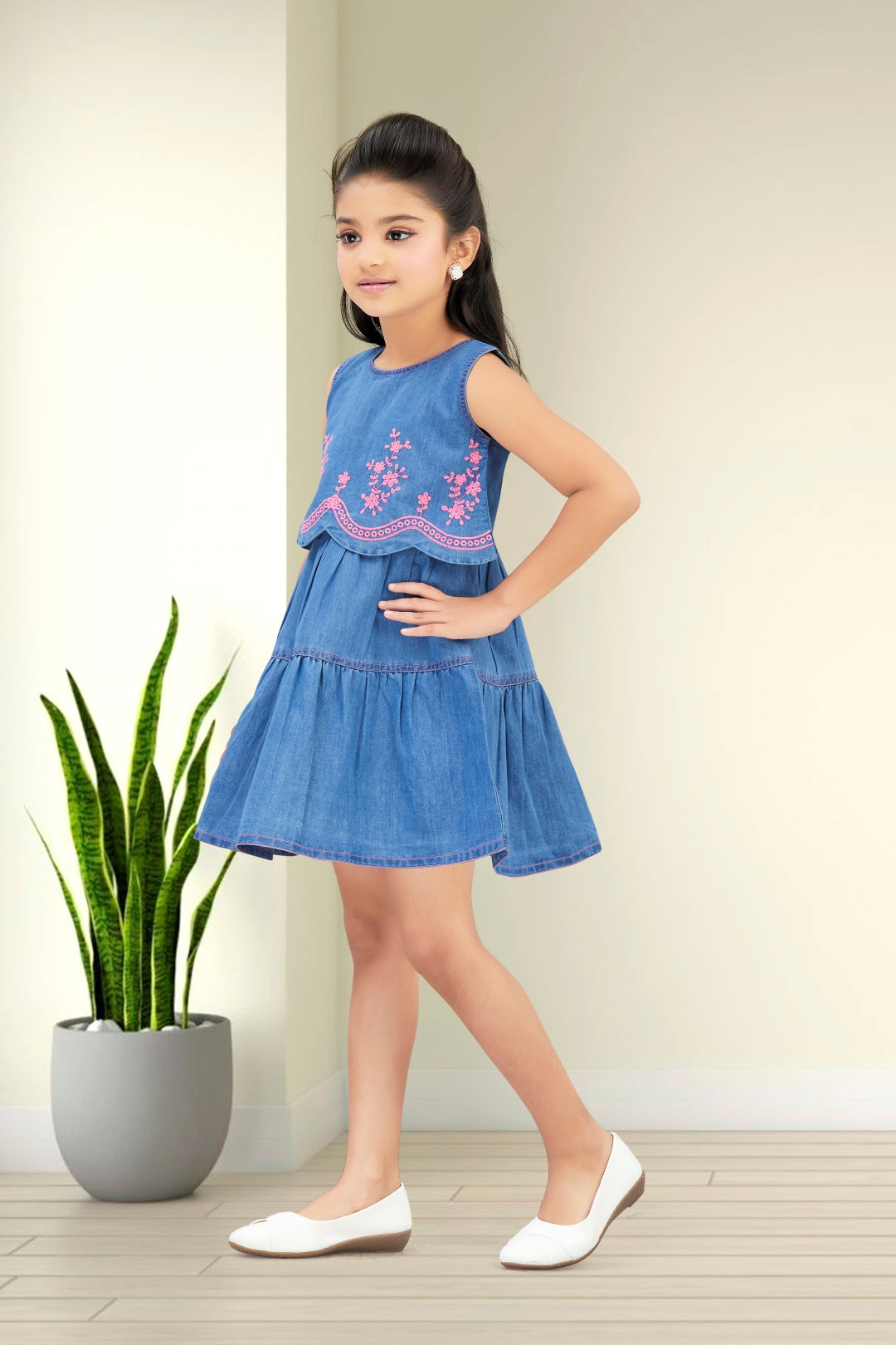 Blue Denim Frock with Pink Embroidery Design