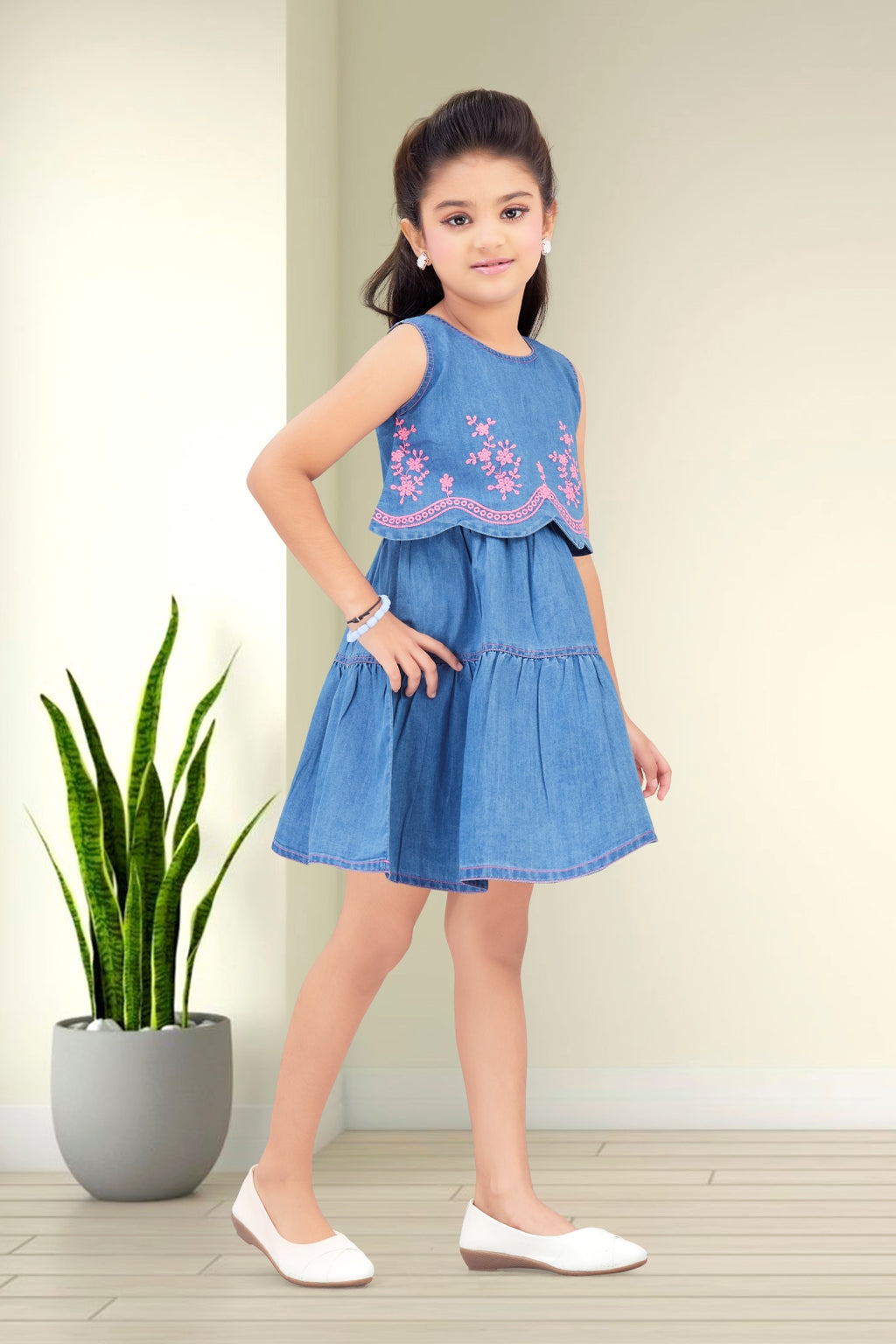 Blue Denim Frock with Pink Embroidery Design