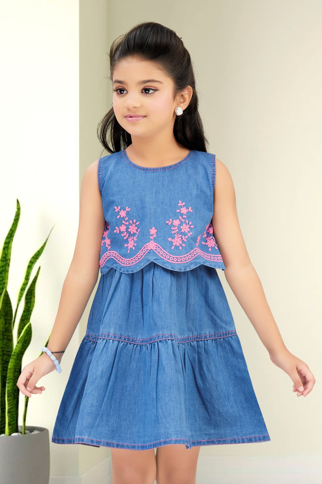 Blue Denim Frock with Pink Embroidery Design
