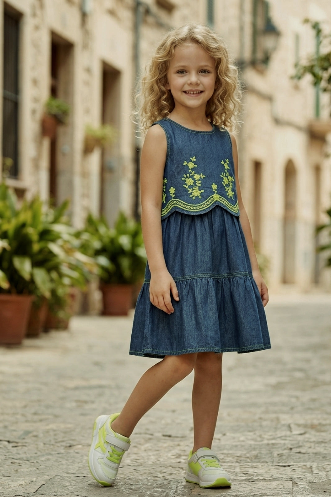 Blue Denim Frock with Green Embroidery Design