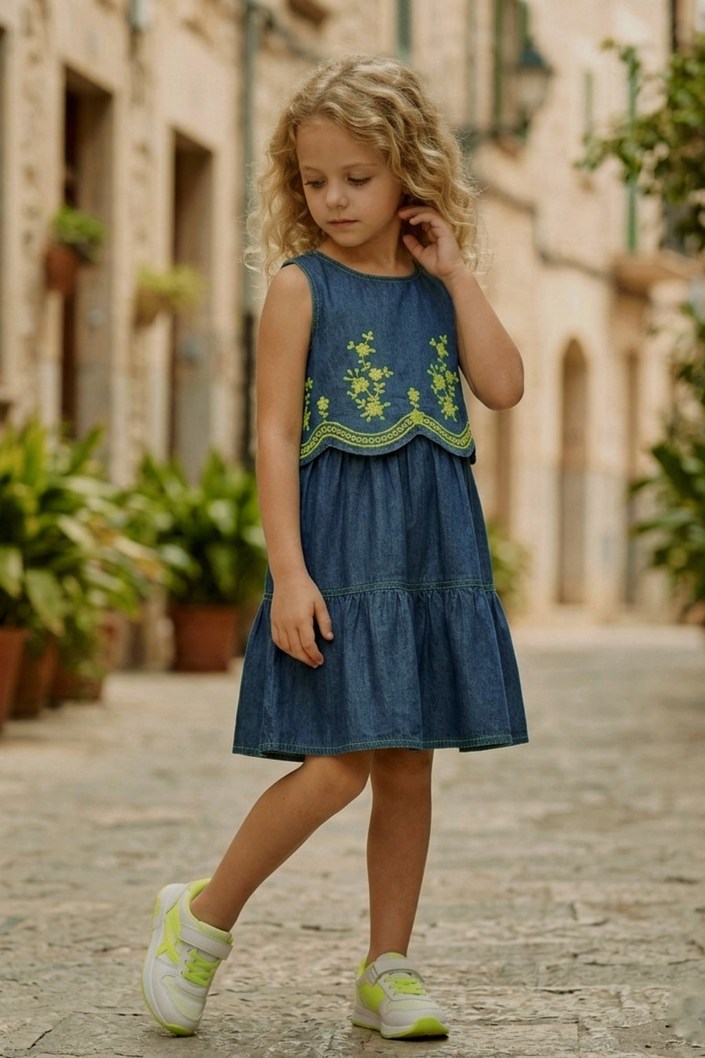 Blue Denim Frock with Green Embroidery Design