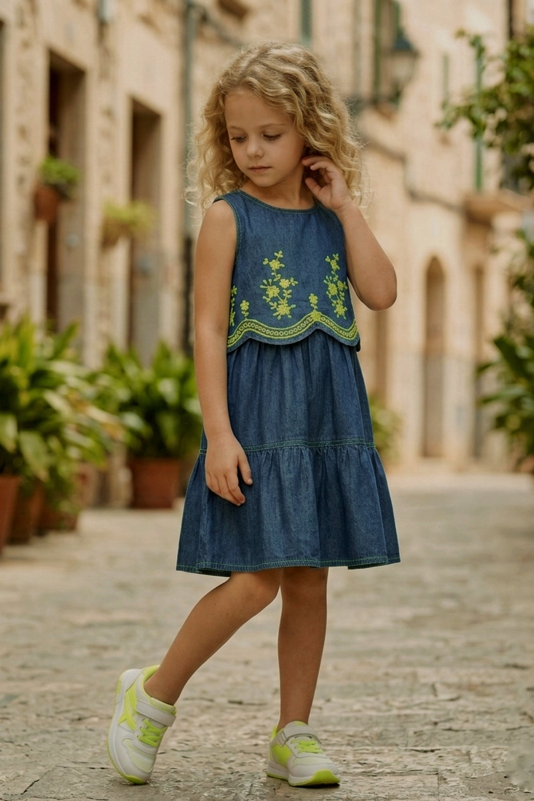 Blue Denim Frock with Green Embroidery Design