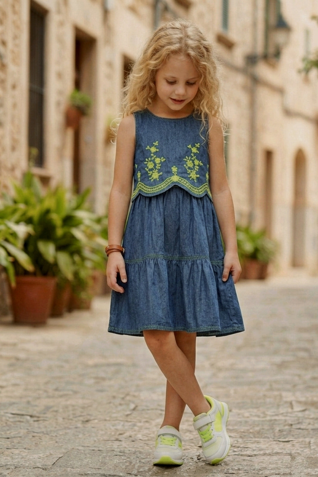 Blue Denim Frock with Green Embroidery Design