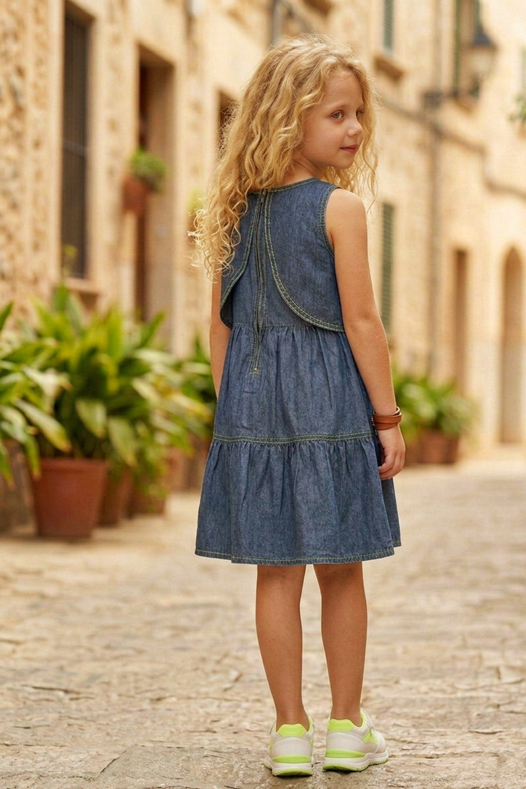 Blue Denim Frock with Green Embroidery Design