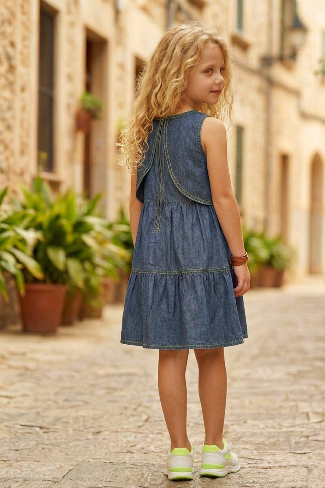 Blue Denim Frock with Green Embroidery Design