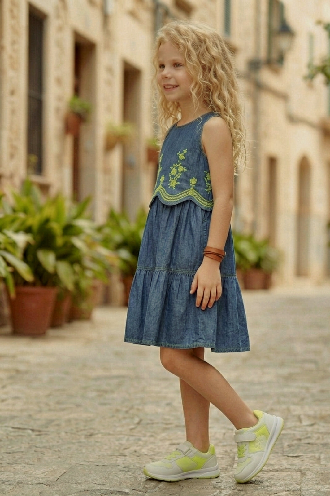 Blue Denim Frock with Green Embroidery Design