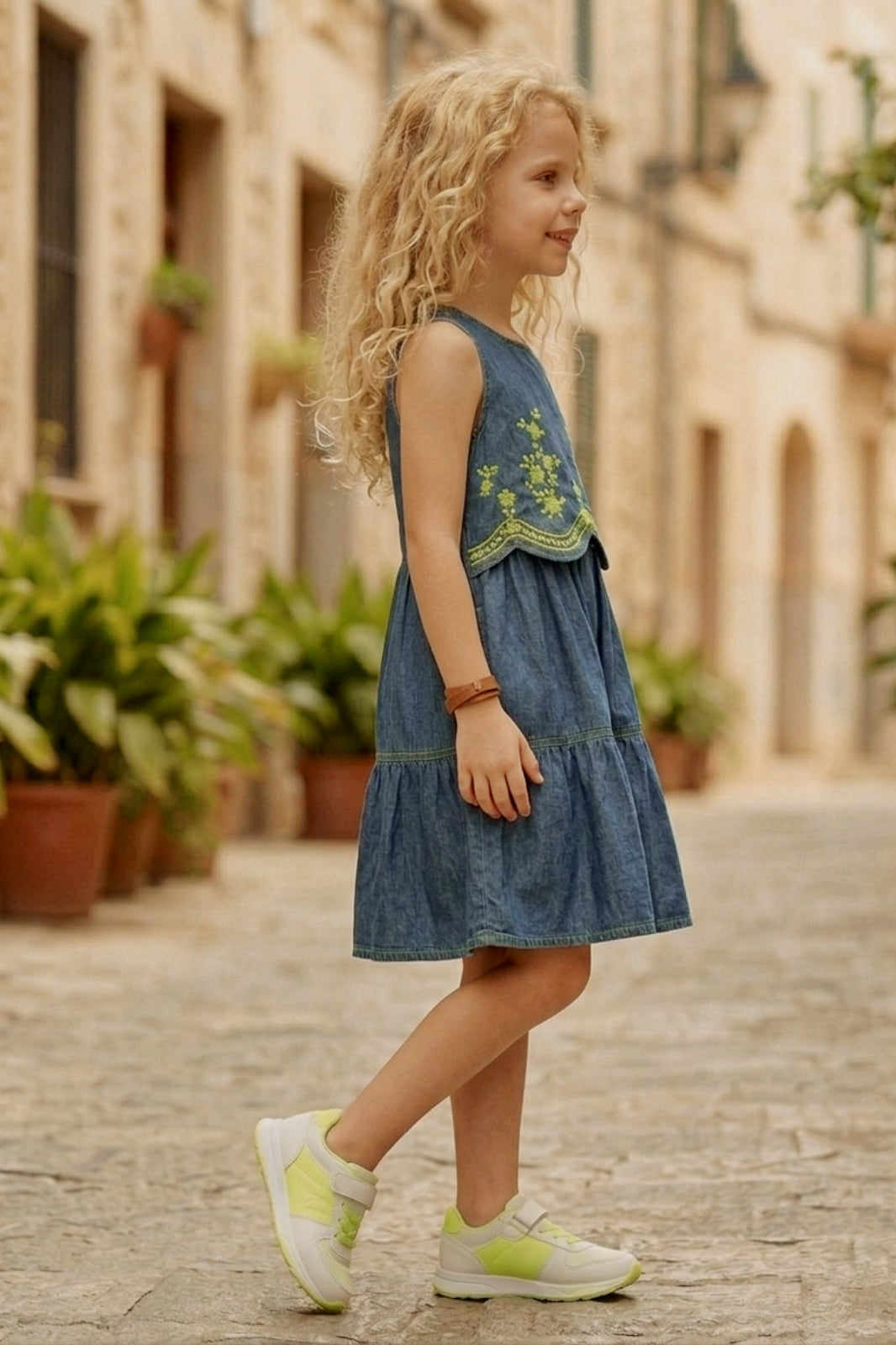 Blue Denim Frock with Green Embroidery Design