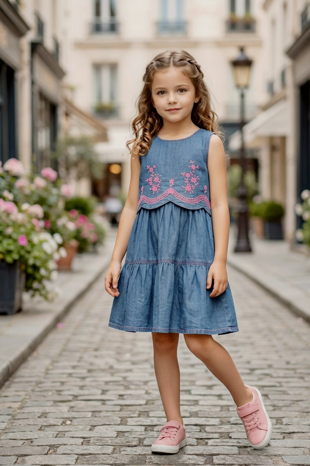 Blue Denim Frock with Pink Embroidery Design