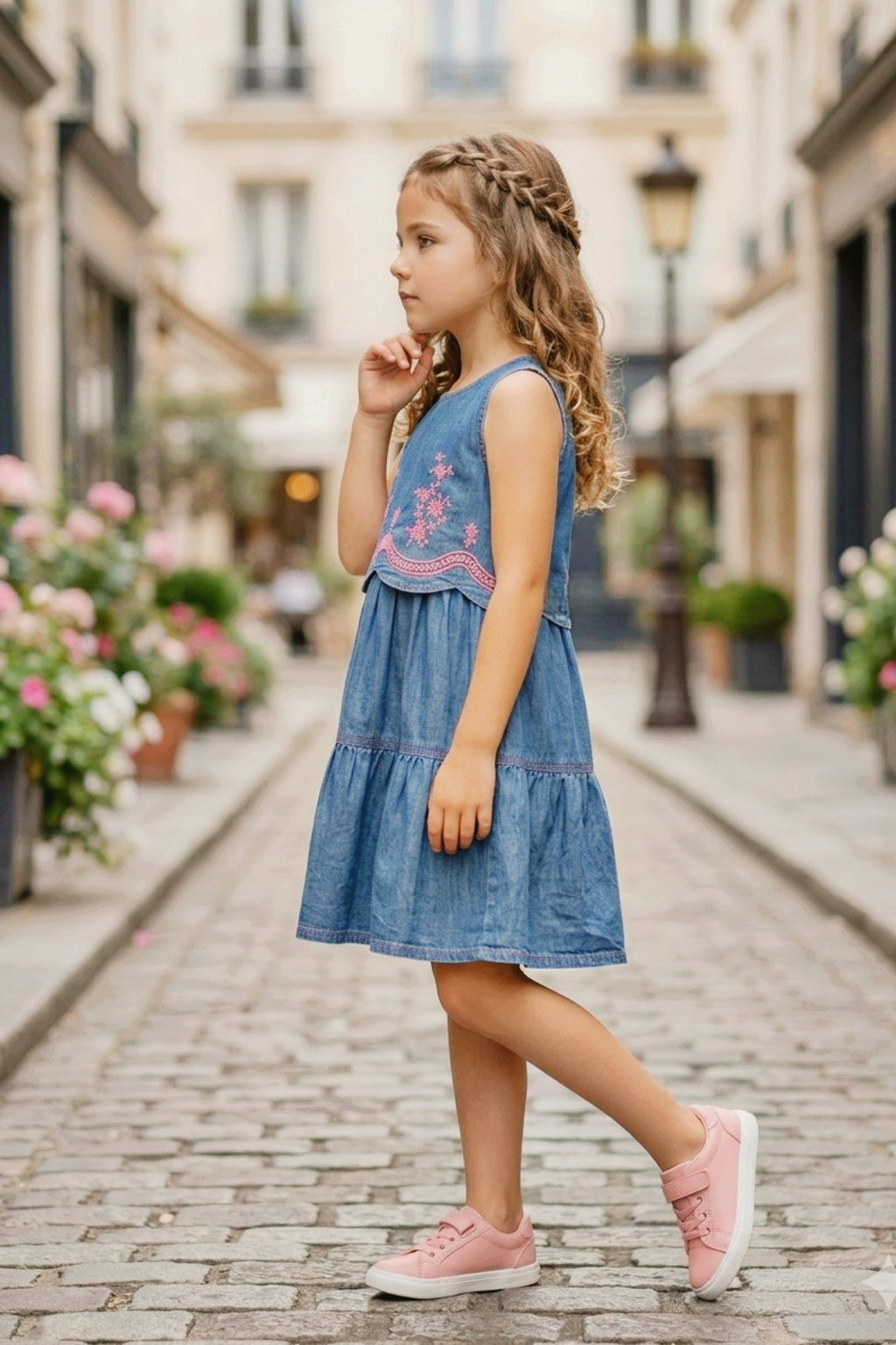 Blue Denim Frock with Pink Embroidery Design