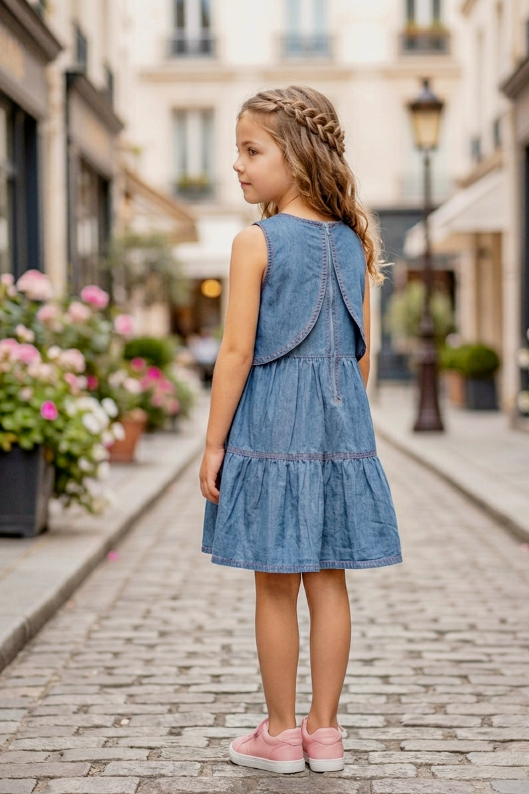 Blue Denim Frock with Pink Embroidery Design