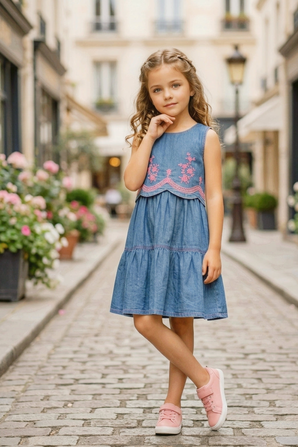 Blue Denim Frock with Pink Embroidery Design